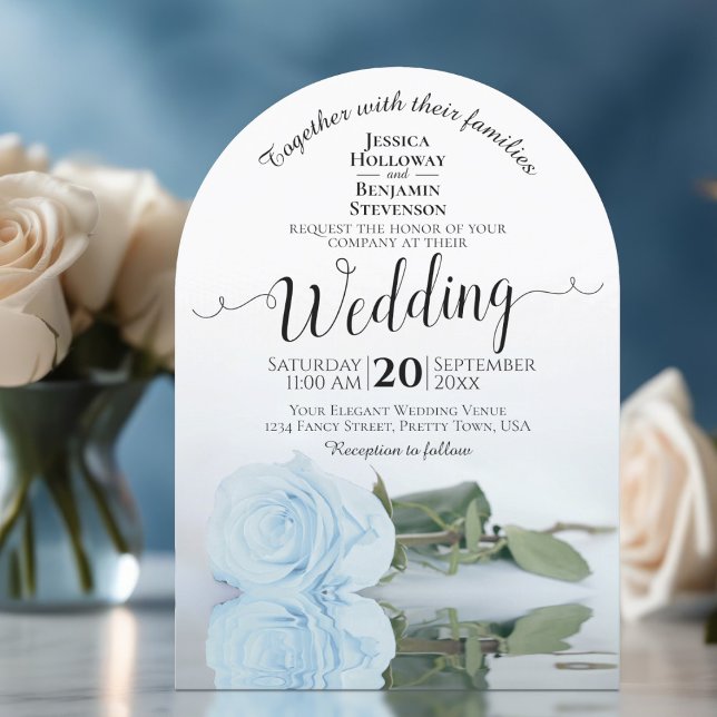 Mirrored Pale Dusty Blue Rose Elegant Arch Wedding Invitation (With Arch Cut)