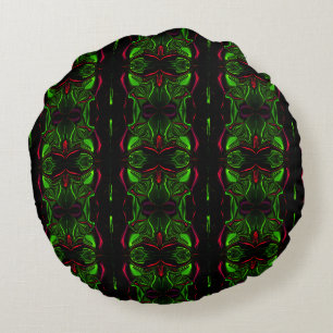 Mirroring curved red strokes on green background round cushion