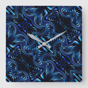 Mirroring formed flower and butterfly in dark blue square wall clock