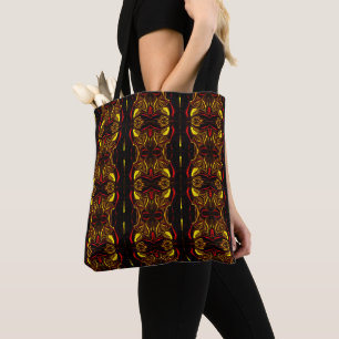 Mirroring of red gold curved traces with dark part tote bag