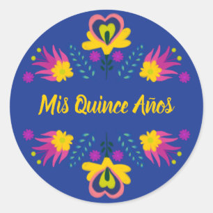 Mis Quince Anos Black Blue Yellow Mexican Fiesta Classic Round Sticker