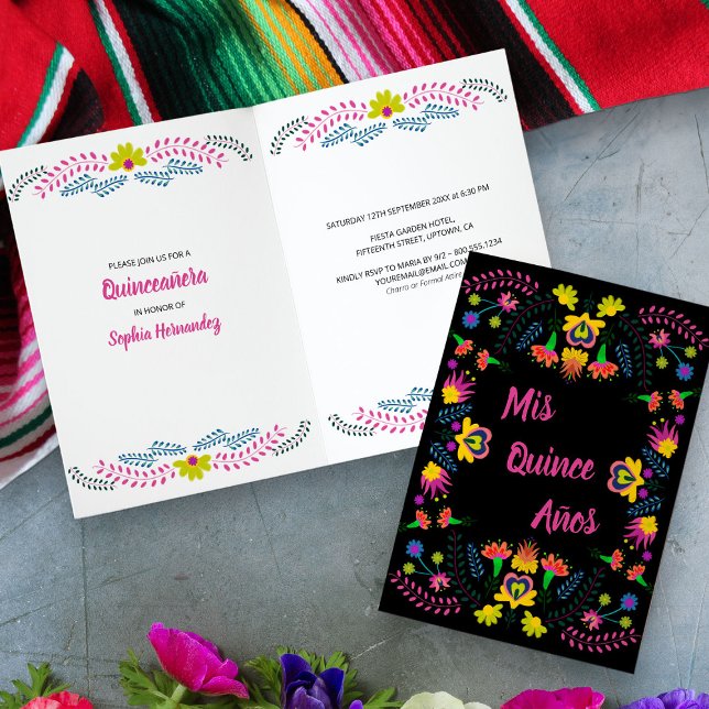Mis Quince Anos Black Floral Mexican Fiesta Party Invitation (Mis Quince folded Invitation from my Mexican Fiesta Party Quinceanera Collection 
)