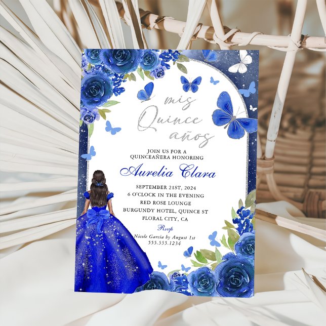 Mis Quince Anos Blue Silver Rose Quinceanera Invitation (Creator Uploaded)