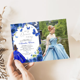 Mis Quince Anos Blue Silver Rose Quinceanera Photo Invitation