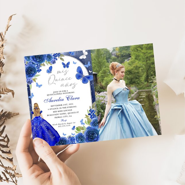 Mis Quince Anos Blue Silver Rose Quinceanera Photo Invitation (Creator Uploaded)