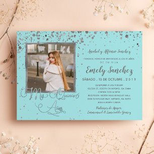 Mis Quince Anos Blue Silver Spanish Trendy Photo Invitation