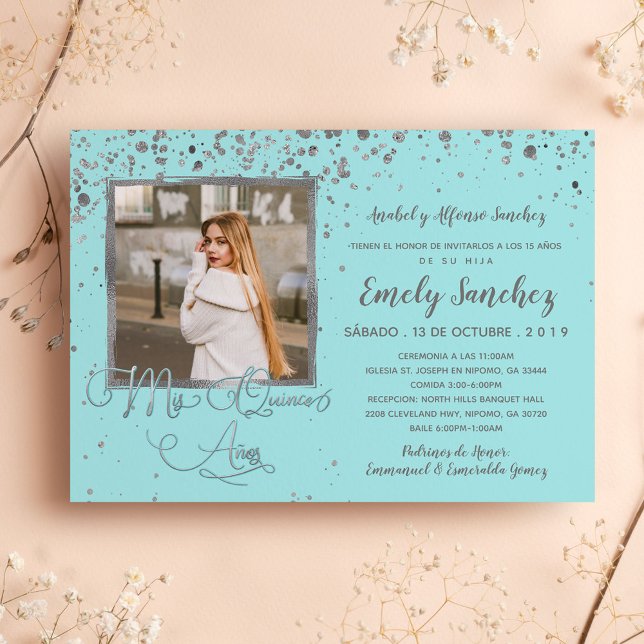Mis Quince Anos Blue Silver Spanish Trendy Photo Invitation (Creator Uploaded)