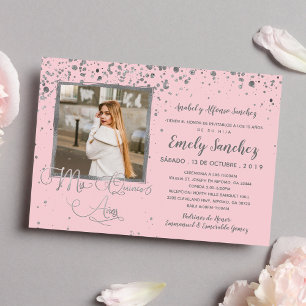 Mis Quince Anos Blush Pink Silver Confetti Photo Invitation