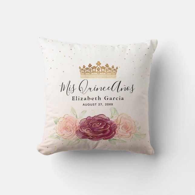 Mis Quince Anos Burgundy Blush Gold Quinceanera Cushion (Front)