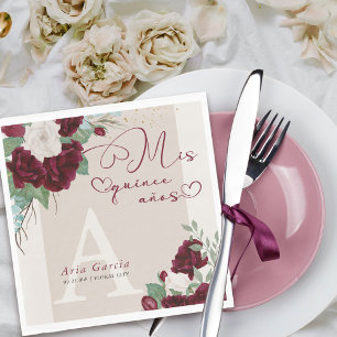 Mis Quince Anos Burgundy Ivory Floral Monogrammed Napkin