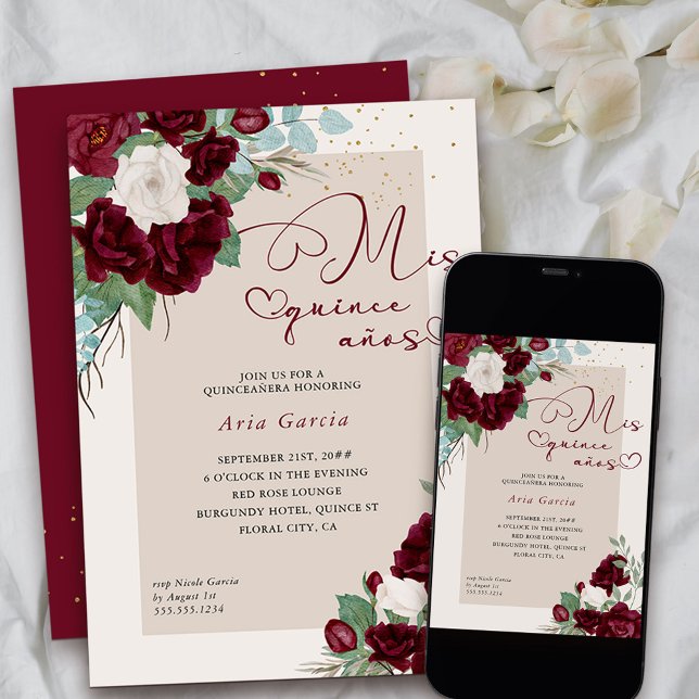 Mis Quince Anos Burgundy Ivory Floral Quinceanera Invitation (Mis Quince anos invitation from my Royal Roses collection
)