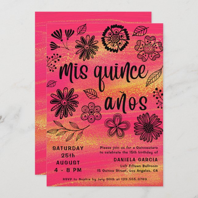 Mis Quince Años Chic Pink Floral Quinceañera Invitation (Front/Back)