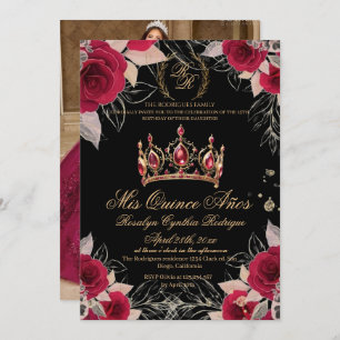  Mis Quince Anos Elegant Black Red 15th Birthday Invitation