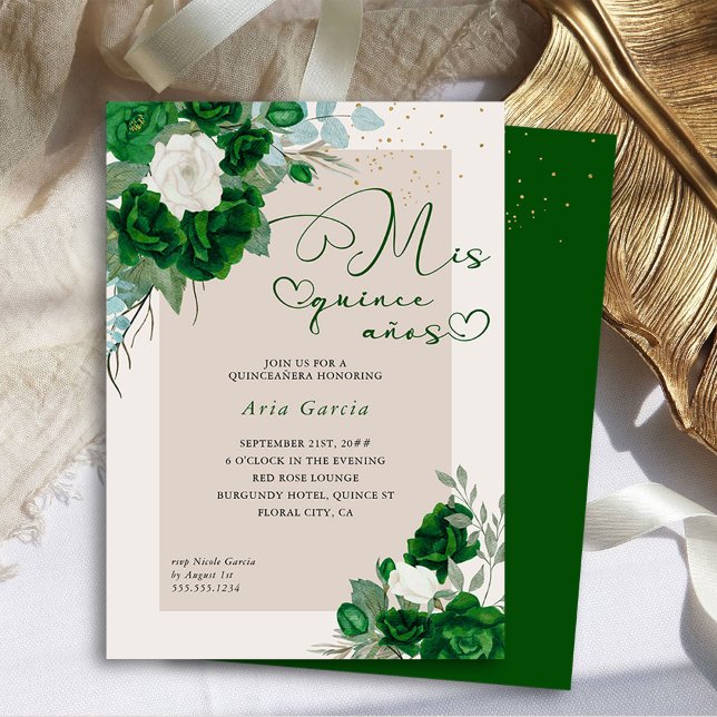 Mis Quince Anos Emerald Green Floral Quinceanera Invitation (Mis Quince Anos Invitation from the Royal Rose Emerald Green Quinceanera Collection by Darling & May)