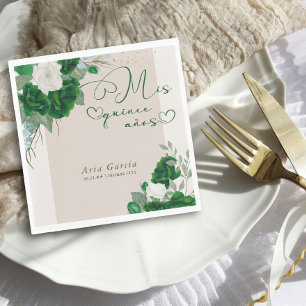 Mis Quince Anos Emerald Green Floral Quinceanera Napkin