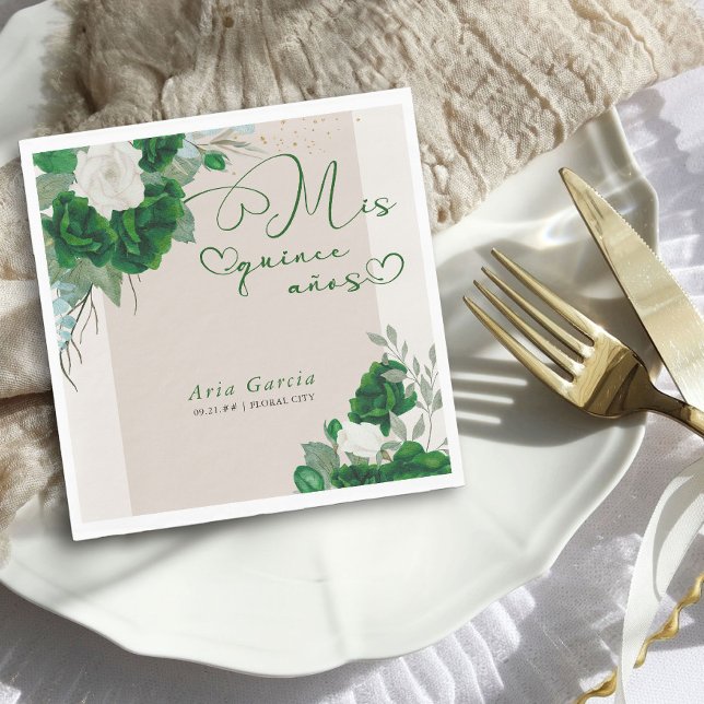 Mis Quince Anos Emerald Green Floral Quinceanera Napkin (Floral Mis Quince Napkins from the Royal Rose Emerald Green Quinceanera Collection by Darling & May)