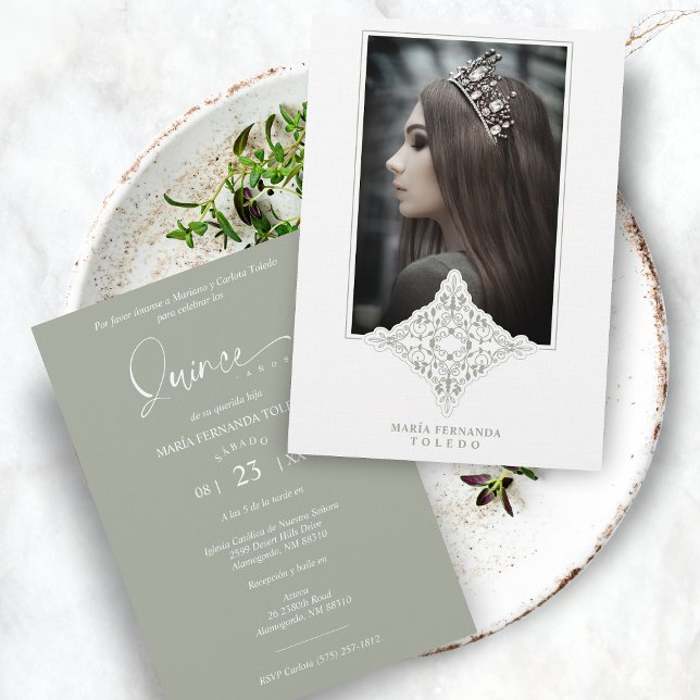 Mis Quince Años Español Foto Efecto Encaje Verdoso Invitation (Creator Uploaded)