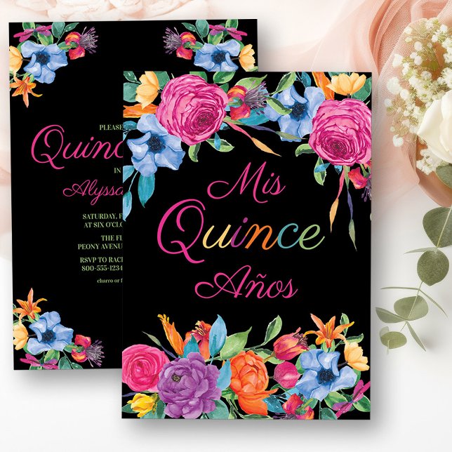 Mis Quince Anos Fiesta Flowers Black Quinceanera Invitation (Mis Quince Invitation from my Fiesta Flowers Quinceanera Collection)