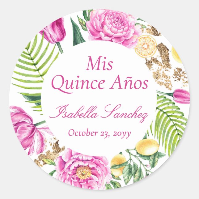 Mis Quince Años Floral Peonies Lemons Quinceañera  Classic Round Sticker (Front)