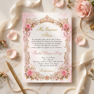 Mis Quince Años, Gold Tiara pink floral Invitation