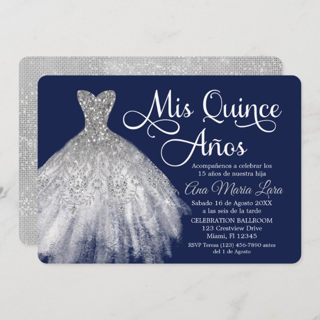 Mis Quince Años Invitación de Quinceañera Azul Invitation (Front/Back)