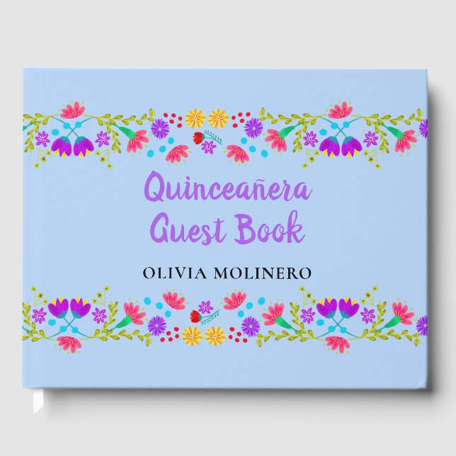Mis Quince Anos Light Blue Floral Quinceanera Guest Book (Front)