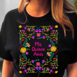 Mis Quince Anos Mexican Fiesta Black Pink Birthday T-Shirt