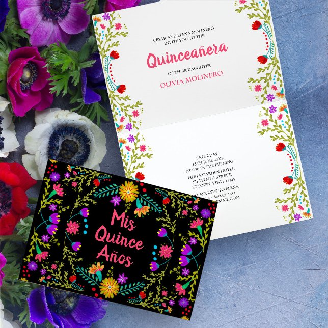 Mis Quince Anos Mexican Fiesta Black Quinceanera Invitation (Colorful Mis Quince folded invitation  with mexican fiesta flowers)