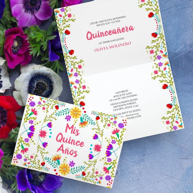 Mis Quince Anos Mexican Fiesta Party Quinceanera Invitation (Colorful Mis Quince folded invitation  with mexican fiesta flowers)