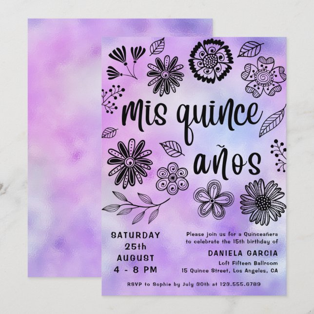 Mis Quince Años Modern Purple Floral Quinceañera Invitation (Front/Back)