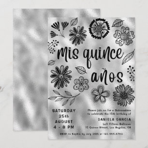 Mis Quince Años Modern Silver Floral Quinceañera Invitation