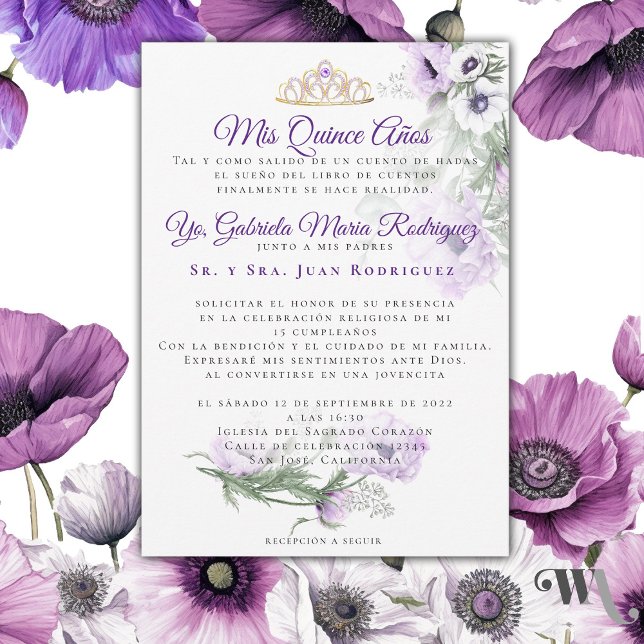 Mis Quince Años Modernos Invitation (Hermosa invitación de Quince años de Amapolas Lilas -Beautiful Lilac Poppies Quince Años invitation )
