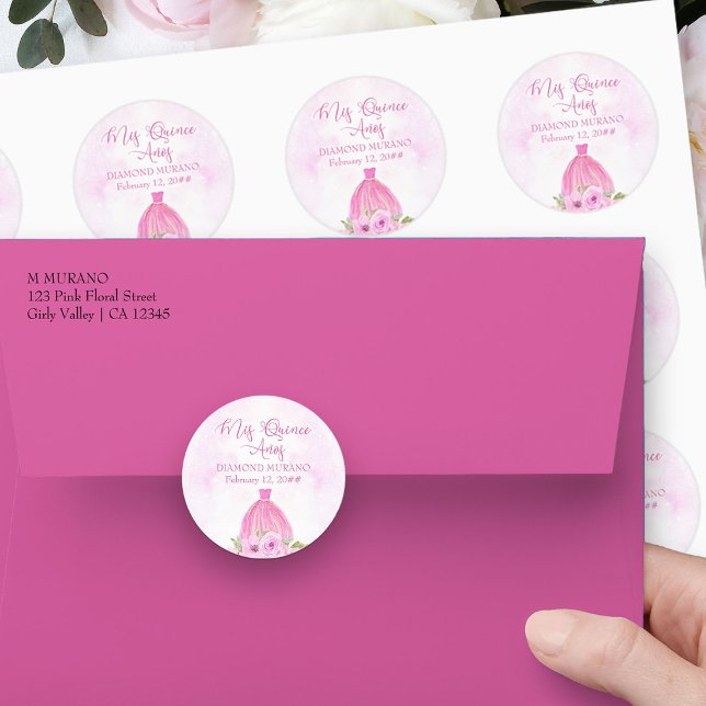 Mis Quince Anos Pink Floral Princess Dress Classic Round Sticker (Mis Quince stickers from my Galaxy Floral Princess Quinceanera collection
)