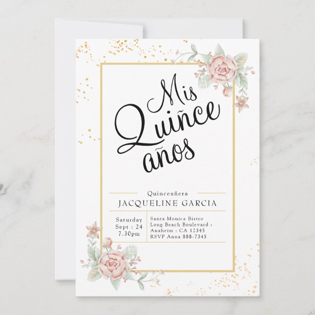 Mis Quince Anos Pink Floral Quinceañera Invitation (Front)