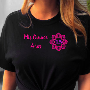 Mis Quince Anos Pink Lace Flower Quinceanera Black T-Shirt