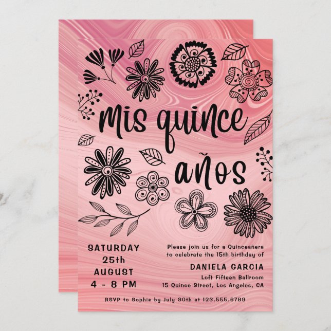 Mis Quince Años Pink Modern Floral Quinceañera Invitation (Front/Back)