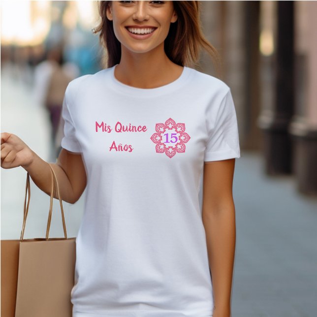 Mis Quince Anos Pink Papel Picado Quinceanera T-Shirt (Mis Quince T-shirt from my Mexican Fiesta Flowers Quinceanera Collection)