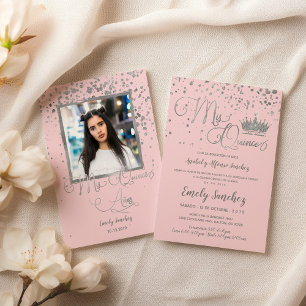 Mis Quince Anos Pink Silver Confetti Spanish Photo Invitation