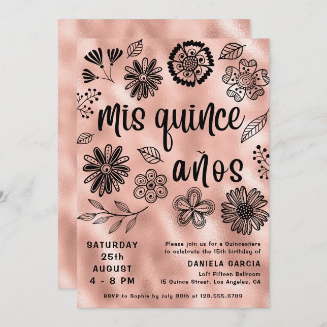 Mis Quince Años Rose Gold Floral Quinceañera  Invitation (Front/Back)