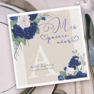 Mis Quince Anos Royal Blue Ivory Floral Monogram Napkin