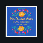 Mis Quince Anos Royal Blue Quincenera Party Napkin<br><div class="desc">These paper napkins will look uber pretty at your Quinceanera Party. This Mexican Fiesta party theme has colourful flowers in folk art style arrange in floral garlands to surround the personalised typography. The design is on a royal blue background and the wording reads "Mis Quince Anos [name] [date]". The template...</div>