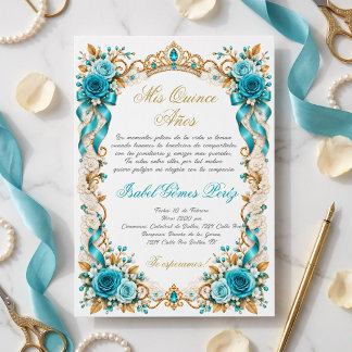 Mis Quince Años, Teal Roses Gold Tiara Invitation