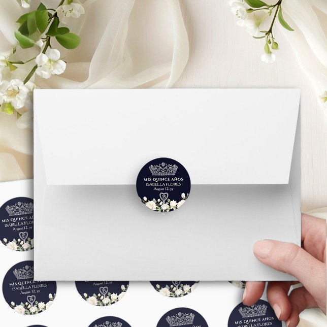 Mis Quince Anos Tiara and Roses Blue Quinceanera Classic Round Sticker (Mis Quince Anos stickers  from the Princess Dress and Roses Quinceanera collection by Darling & May)