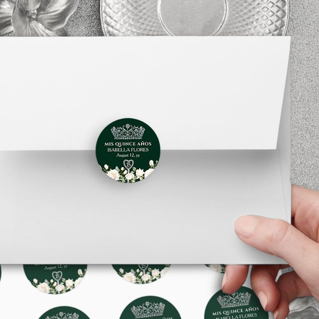 Mis Quince Anos Tiara and Roses Green Quinceanera Classic Round Sticker (Mis Quince Anos stickers from the Princess Dress and Roses Quinceanera Collection by Darling & May)