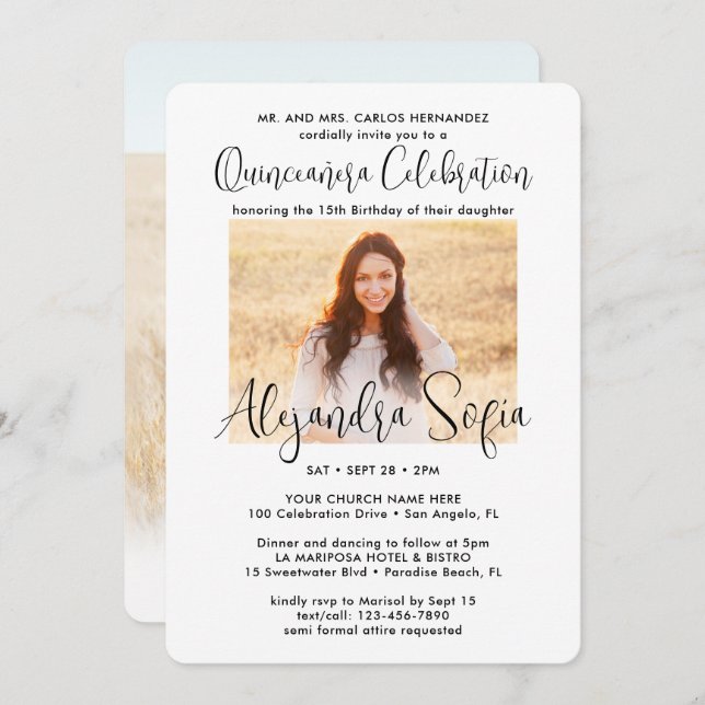 Mis Quince Años Trendy Quinceañera Script 2 Photo Invitation (Front/Back)