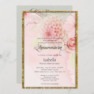  Mis Quince Beautiful Pastel Pink Flowers Invitation