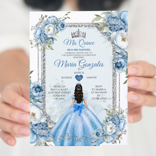 Mis Quince Blue Floral Silver Crown Quinceañera Invitation (Creator Uploaded)
