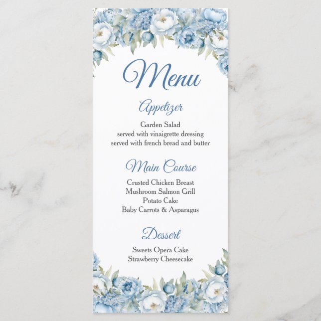Mis Quince Blue Floral Silver Crown Quinceañera Menu (Front)
