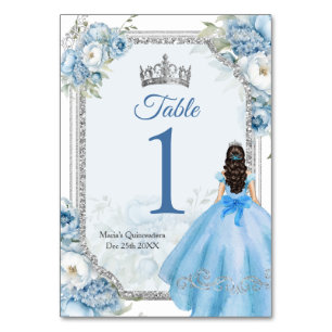 Mis Quince Blue Floral Silver Crown Quinceañera Table Number