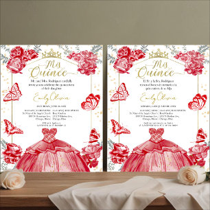 Mis Quince Budget Invitation Bilingual Red Floral